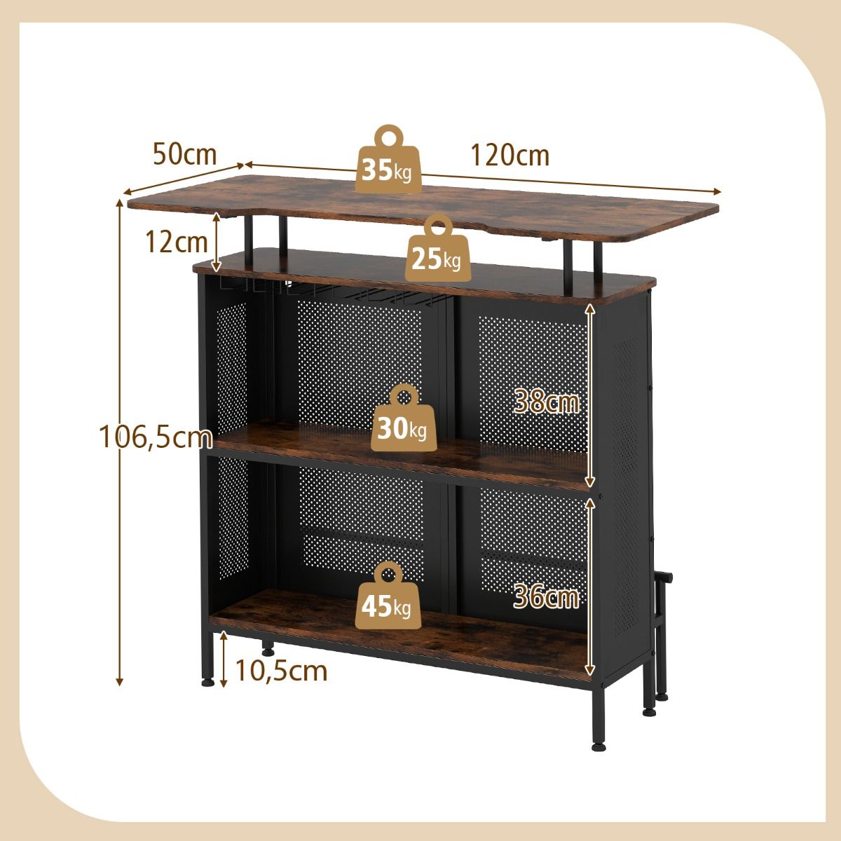 Coast Bartafel met opbergruimte - metalen frame - verstelbare poten - bruin en zwart