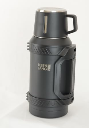 LEBENLANG - Thermosfles 1,5L – RVS Isolatiefles met Beker, Theezeef & Draagriem - Tot 48 uur warm of koud - Lekvrij & BPA-vrij
