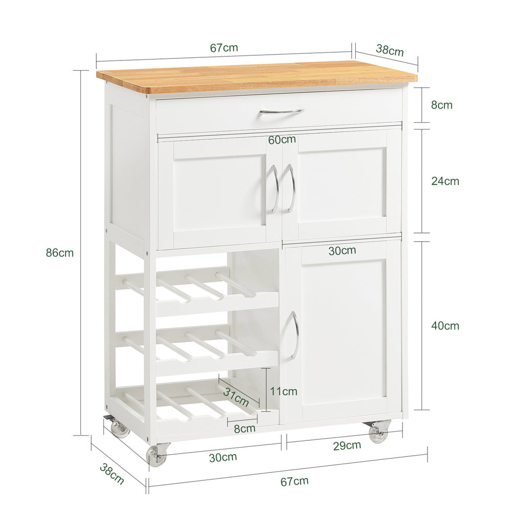 SoBuy Keukenwagen met 1 lade, 3 deuren & 3 wijn opbergplanken - Max. 30KG - 67 x 87 x 37 cm - Wit