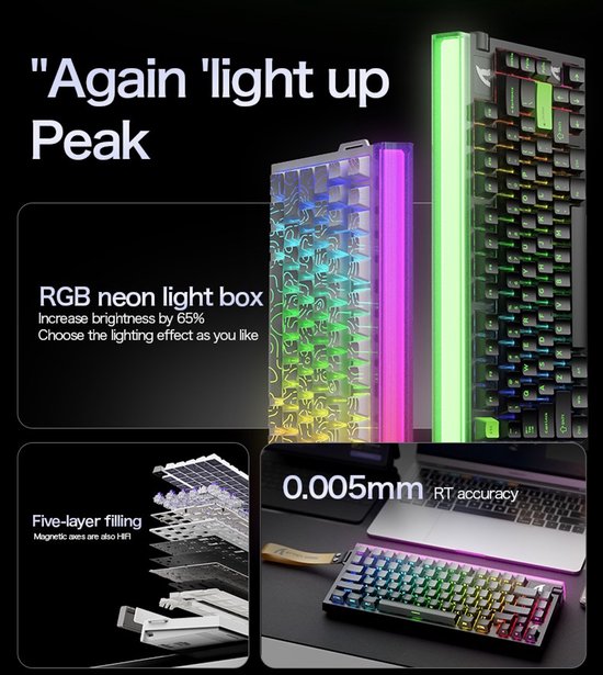 ATTACK SHARK R85HE - Magnetic Switch Wired Gaming Toetsenbord - 79keys - RGB light strip - Decorative Lanyard - Volume knob - PBT Keycaps - 8Khz - 0.005mmRT - 0.08ms - Neon Green