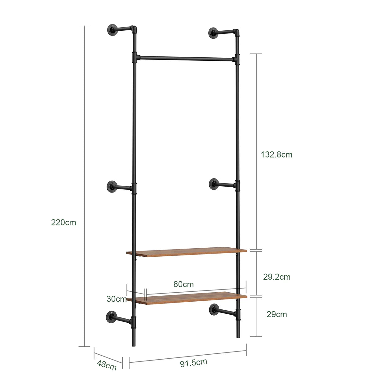 SoBuy KLS20-SCH Compact Wandkledingrek met 2 MDF-Planken - Industrieel Zwart - 91,5x48x220 cm