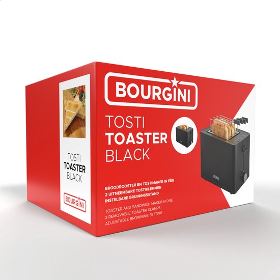 Bourgini Tosti Toaster - Broodrooster met Tostiklemmen - Zwart- Extra brede sleuf geschikt voor 2 tosti's - Instelbare bruiningsstand en ontdooifunctie