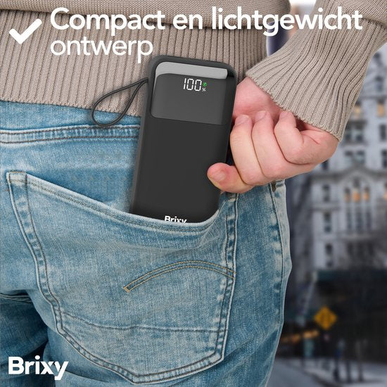 Brixy Powerbank - 20.000 mAh - 22.5W Snellader - LED Display - USB-A/USB-C - Voor O.a. iPhone & Samsung - Zwart