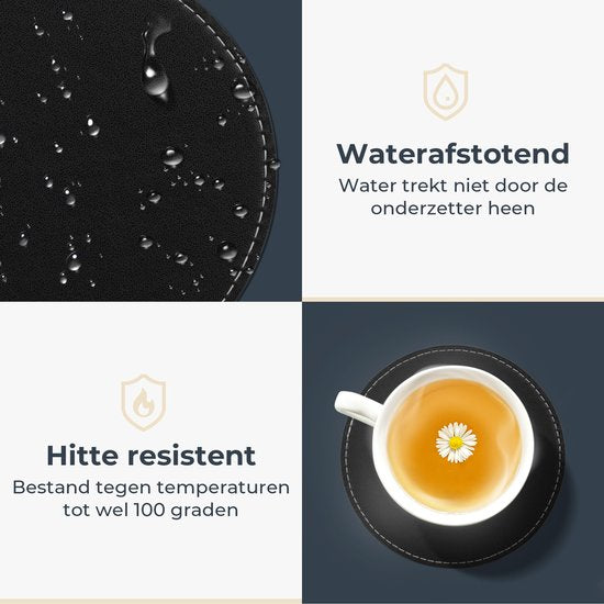 Castagnola Kunstlederen Onderzetters – Onderzetters voor Glazen – Design Onderzetters met Houder – Leren Onderzettersset – Leder – Set van 16 - Zwart met Stiksel