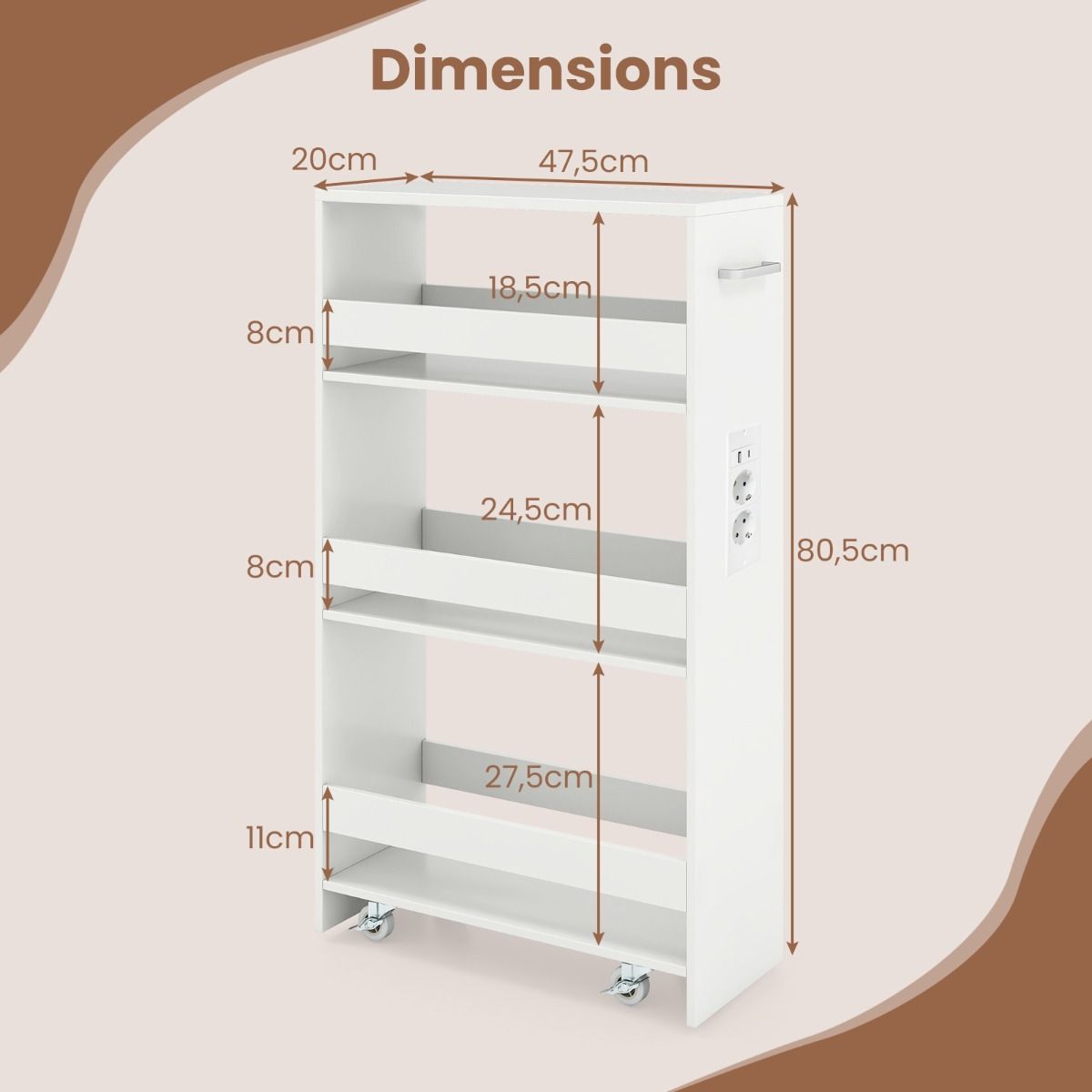 Coast Smalle Opbergkar - 4-laags verrijdbare keukenkar - met oplaadstation - wit 47,5 x 20 x 80,5 cm