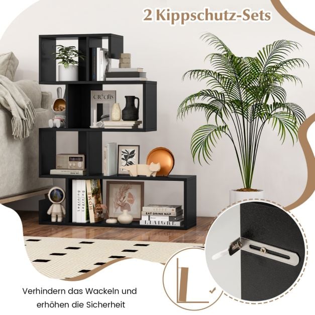 Coast S-vormige Boekenkast met 5 Niveaus – 80 x 22 x 100 cm – Zwart
