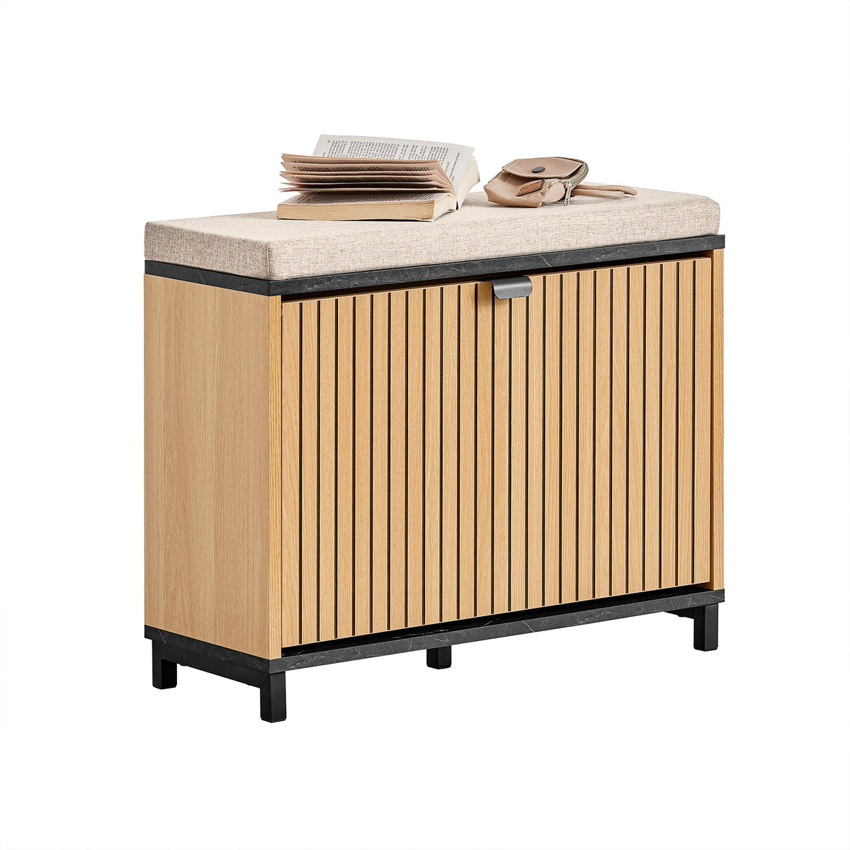 SoBuy FSR201-N Schoenenbank, entree, met gevoerde zitting, comfortabel, inklapbaar, zwart en licht hout, ondersteunt 113 kg, 60 x 24 x 50 cm