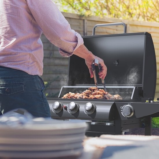 KitchenBrothers Gasbarbecue Incl.  Zijbrander - 5 Branders - Met Gasaansluiting - 42x57cm Grilloppervlak - Zwart