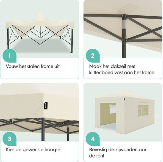 LifeGoods - Partytent & Paviljoen - 3x4,5 m - Easy Up & Opvouwbaar - Waterdicht Met Zijwanden - Inclusief Draagtas Met Wieltjes - Polyester & Staal - Beige