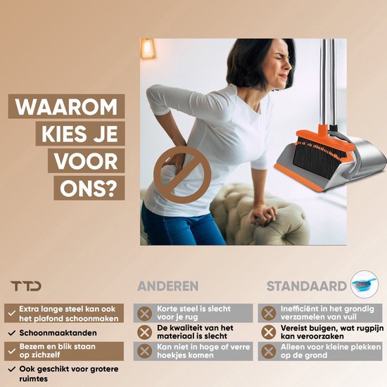 TTD® Stoffer en Blik met Lange Steel XXL - Verstelbaar 54-263 cm - Bezem - Bezemsteel - Grijs & Oranje - Veger en Blik - Vuilblik voor Binnen en Buiten - Ingebouwde Schoonmaaktanden