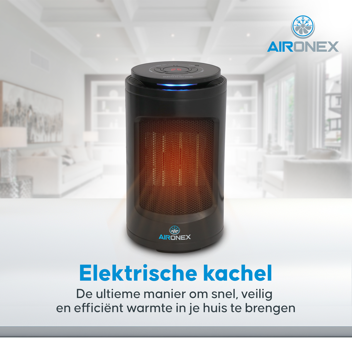 Aironex - Keramische Kachel - Model K1000 - 1200 W - Met Afstandsbediening & LCD-display - Omvalbeveiliging & Draaibaar - Kunststof - Zwart