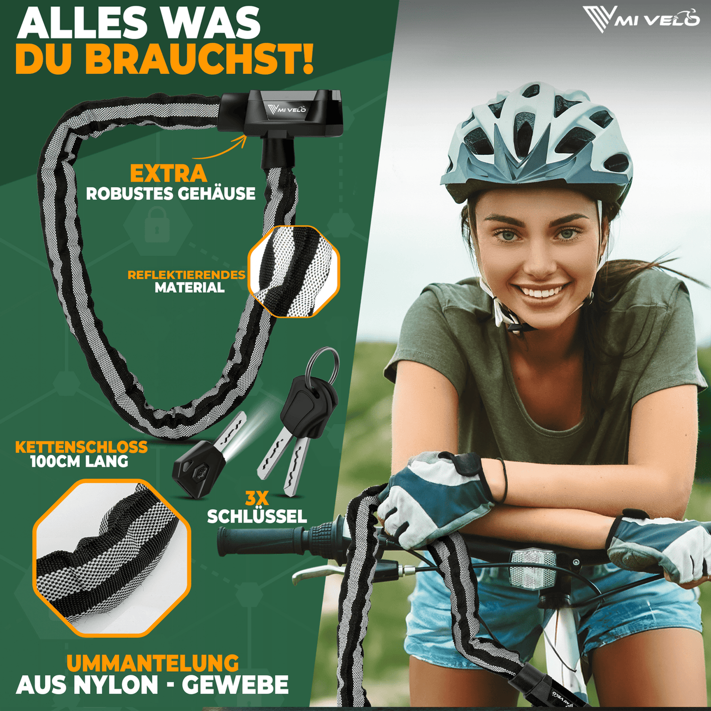 MIVELO Kettingslot voor Fietsen - Met Sleutelslot en LED - 100 CM - RVS
