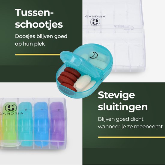 Gandria Pillendoos 7 Dagen - Uitneembaar Pillendoosje - Medicijndoos met 14 Compartimenten - Medicijndoos met Stevige Sluiting - 2 Vakken per Dag - 7 Kleuren
