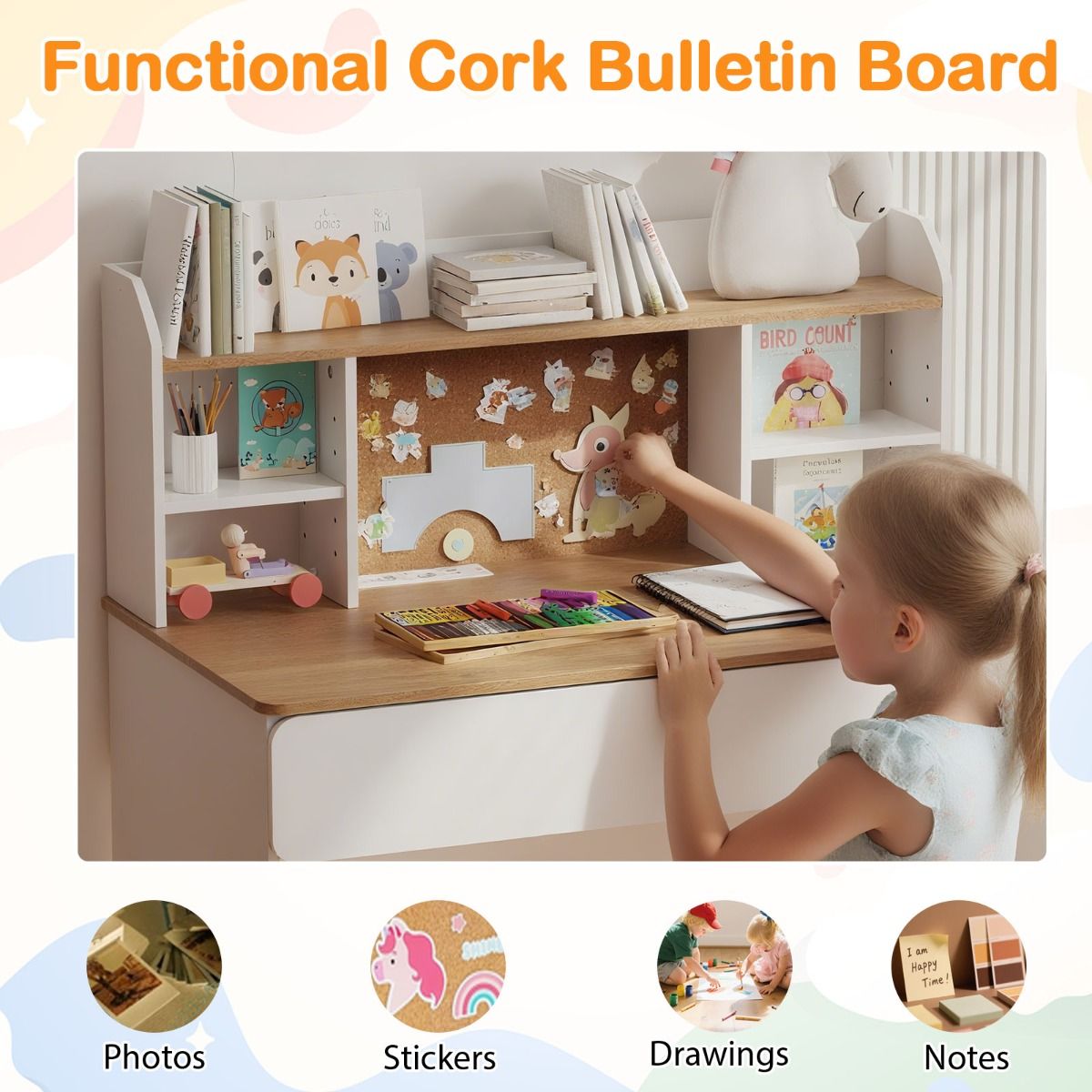 Coast Kinderschrijftafel met kurken prikbord - oplaadstation - ruime opbergruimte - wit
