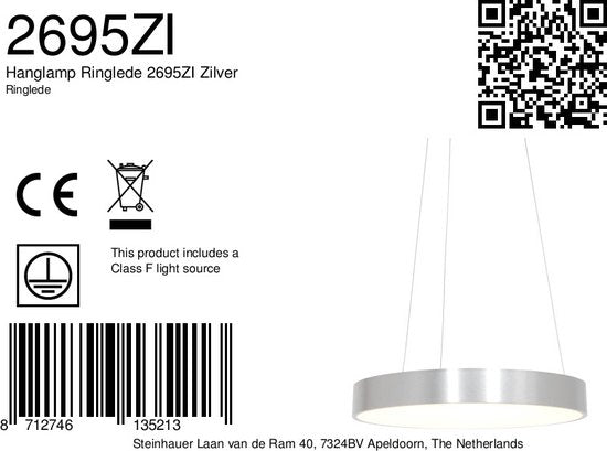 Hanglamp Ringlede 2695ZI Zilver rond 48cm, hoogte verstelbaar, gemaakt van kunststof en staal, Steinhauer modern design voor binnengebruik
