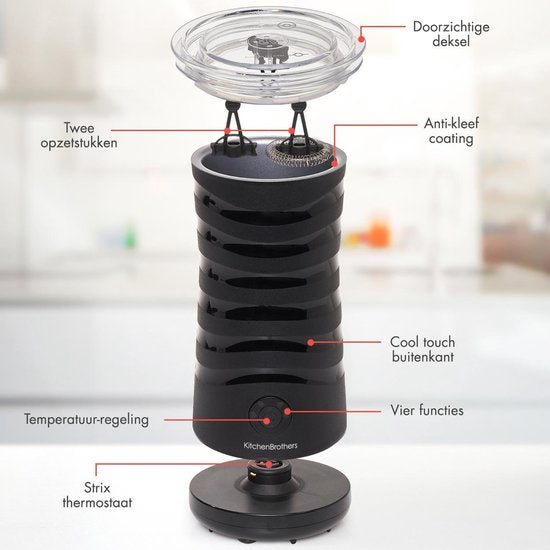 KitchenBrothers Elektrische Melkopschuimer - 4-in-1 - Melkklopper - 240 ML - Handige Melkschuimer - Zwart