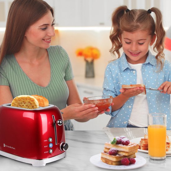 KitchenBrothers Retro Broodrooster - Toaster - 6 Warmteniveaus - 2 Extra Brede Sleuven - 815W - Rood