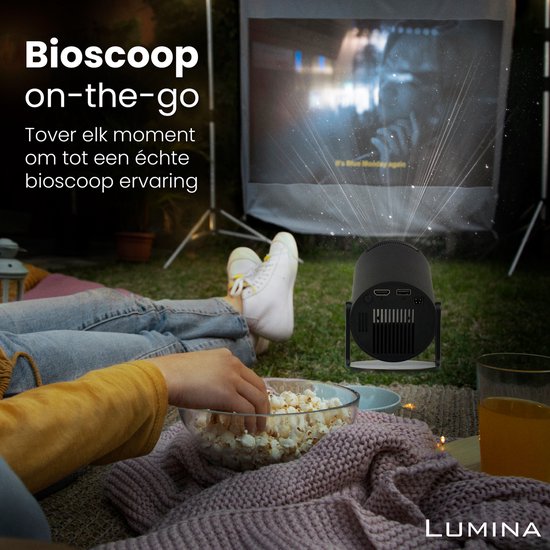 Lumina® Pro Mini Beamer 2026 – Android 14 Smart Projector met Google Playstore – Thuisbioscoop – Voor iOS & Android – WiFi 6 & Bluetooth 5.4 – Zwart