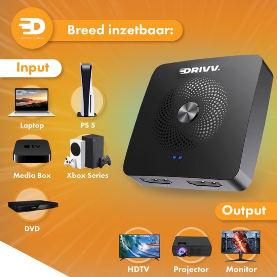 Drivv. HDMI Switch - 2-in-1 uit / 1-in-2 uit – Bi-directioneel – Ondersteunt 720p/1080p/4K/3D - Zwart