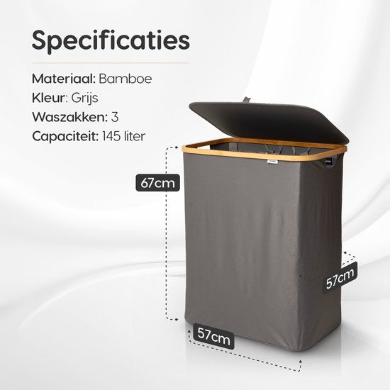 Dymac Wasmand 145 Liter | 3 Compartimenten | Bamboe Wassorteerder | Met 3 uitneembare waszakken | Wasmand 3 vakken | Wasmand met deksel | Grijs