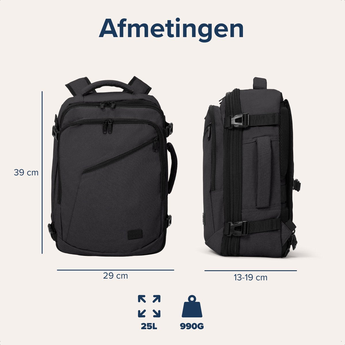 TRVLMORE Reistas - 25L Rugzak - Handbagage - Spatwaterdicht - Rugtas - Weekendtas - Dames en Heren - Antraciet