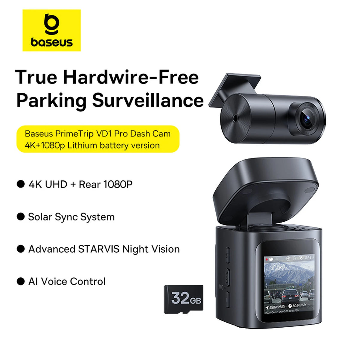 Baseus PrimeTrip VD1 Pro Dashcam – 4K Voorcamera + 1080p Achtercamera – Wifi – Parkeermodus – Cosmic Black