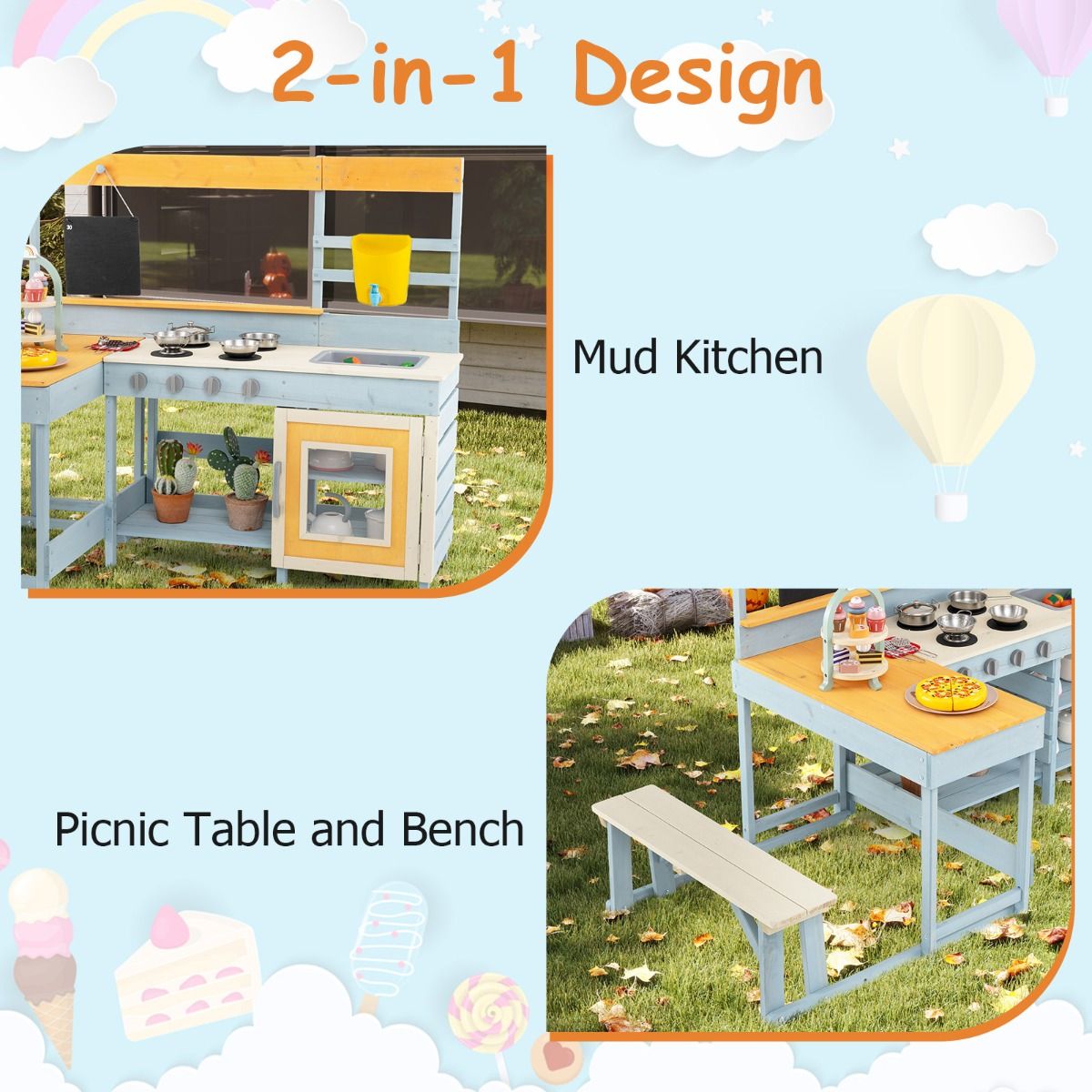 Coast Speelkeuken voor kinderen - 2-in-1 speelkeuken en eethoek - met opbergruimte en accessoires - grijs - 150 x 71 x 99 cm