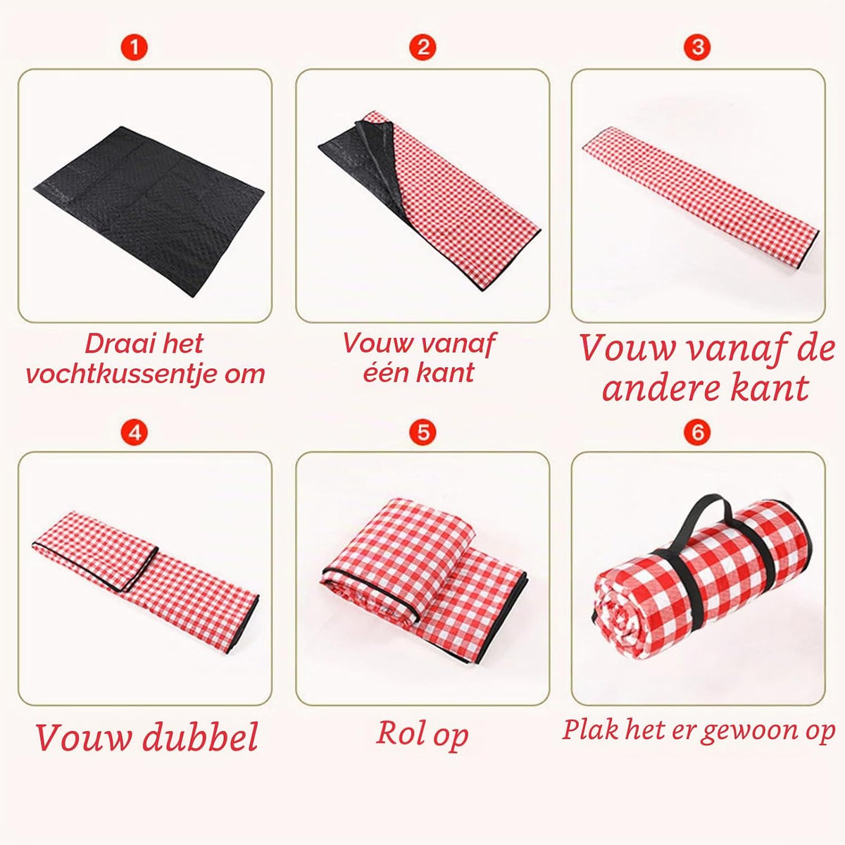 XXL Picknickdeken met waterdichte onderkant - 200 x 200 cm - Met draaggreep - Rood-wit