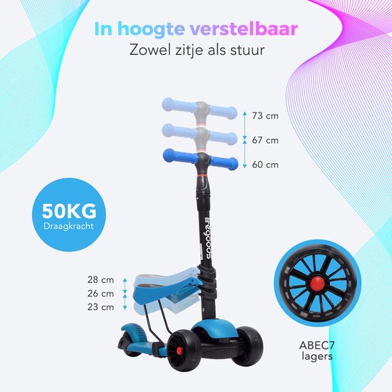 LifeGoods MultiRider Kinderstep - Step 3-8 Jaar - Verstelbaar Zitje - Lichtgevende Wielen - Jongens/Meisjes - Blauw