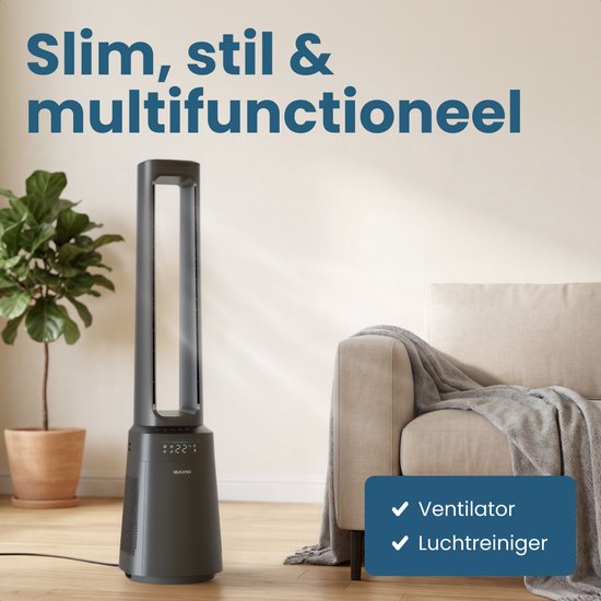Auronic Bladloze Torenventilator met Luchtreiniger – H13 HEPA – 10 Windstanden – Grijs
