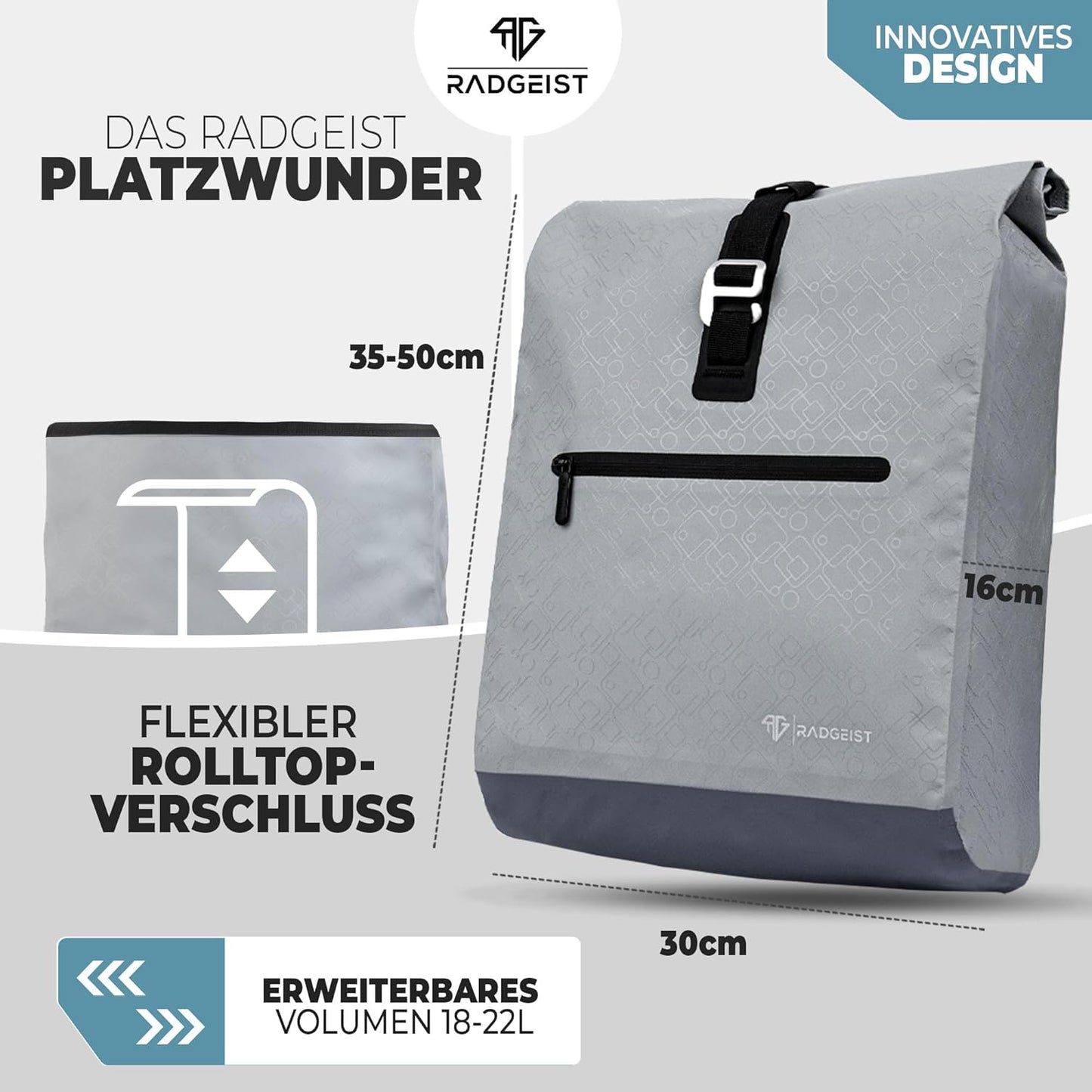 Radgeist Fietstas voor Bagagedrager 2-in-1 - Schoudertas - 100% Waterdicht - 20 Liter - Grijs