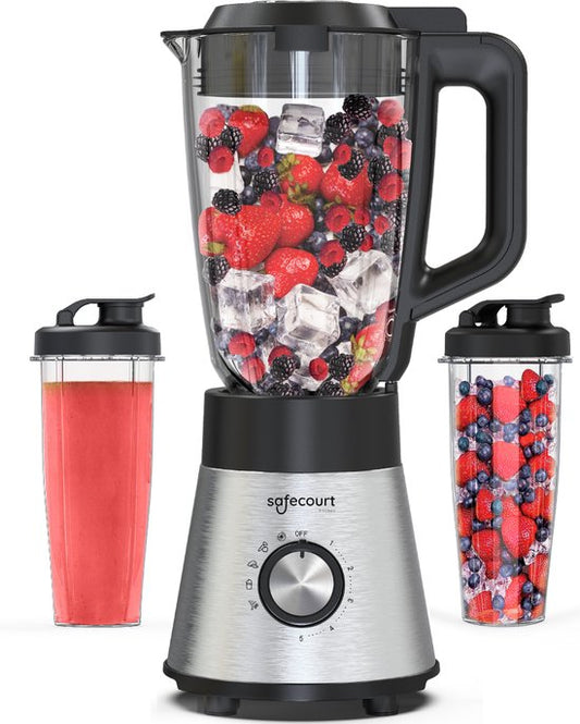 Safecourt Keuken Power blender - 5 automatische programma's - Smoothie maker - +2 to go bekers - RVS