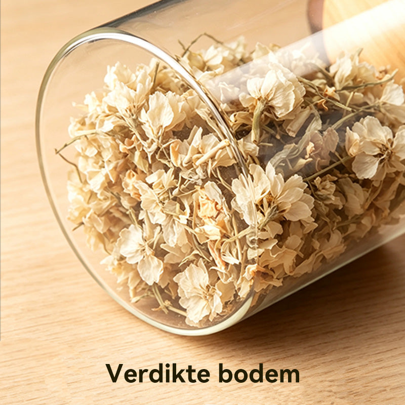 JORDAN&JUDY 7-delig glazen voorraadpotjes, luchtdichte glazen bewaardozen voor granen, houtnerf-afwerking (2178 ml*1 + 1100 ml*1 + 888 ml*1 + 800 ml*1 + 577 ml*1 + 500 ml*1 + 431 ml*1)