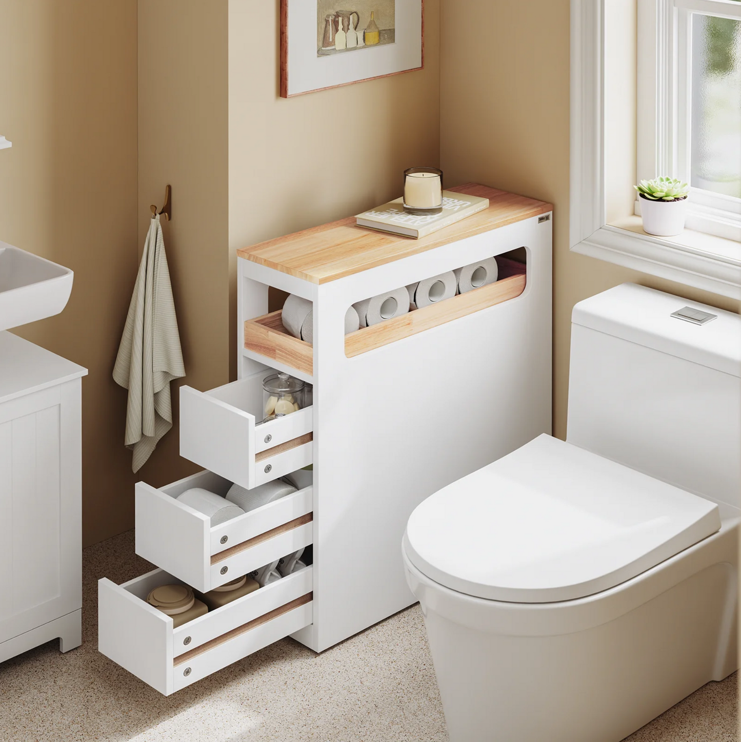SoBuy Smalle Badkamerkast op Wieltjes - 65x23x82 cm - 3 Lades - Open Vak - MDF & Hout - Wit/Naturel