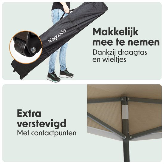LifeGoods Partytent - Paviljoen - EasyUp - Opvouwbaar - Waterdicht - Met Draagtas met wielen - 300 x 600 cm - Beige