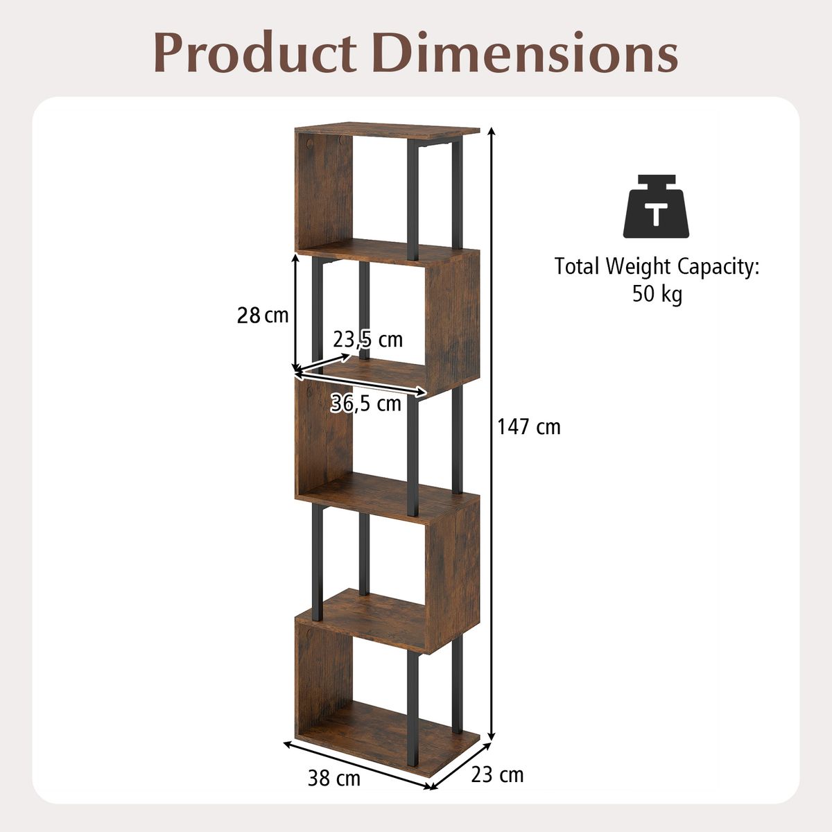 Coast Boekenrek met 5 planken - geometrisch ontwerp - metalen frame - zwart/rustiek bruin