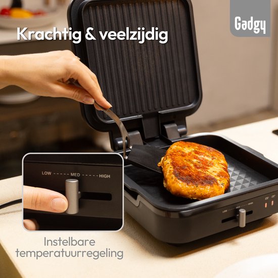 Gadgy Contactgrill 180° Draaibaar – 3-in-1 - Tafelgrill & Paninimaker – 1400W – Met Uitneembare Antiaanbakplaat en Openklapbaar – Temperatuurregelaar – Vetarm Grillen - Cooltouch