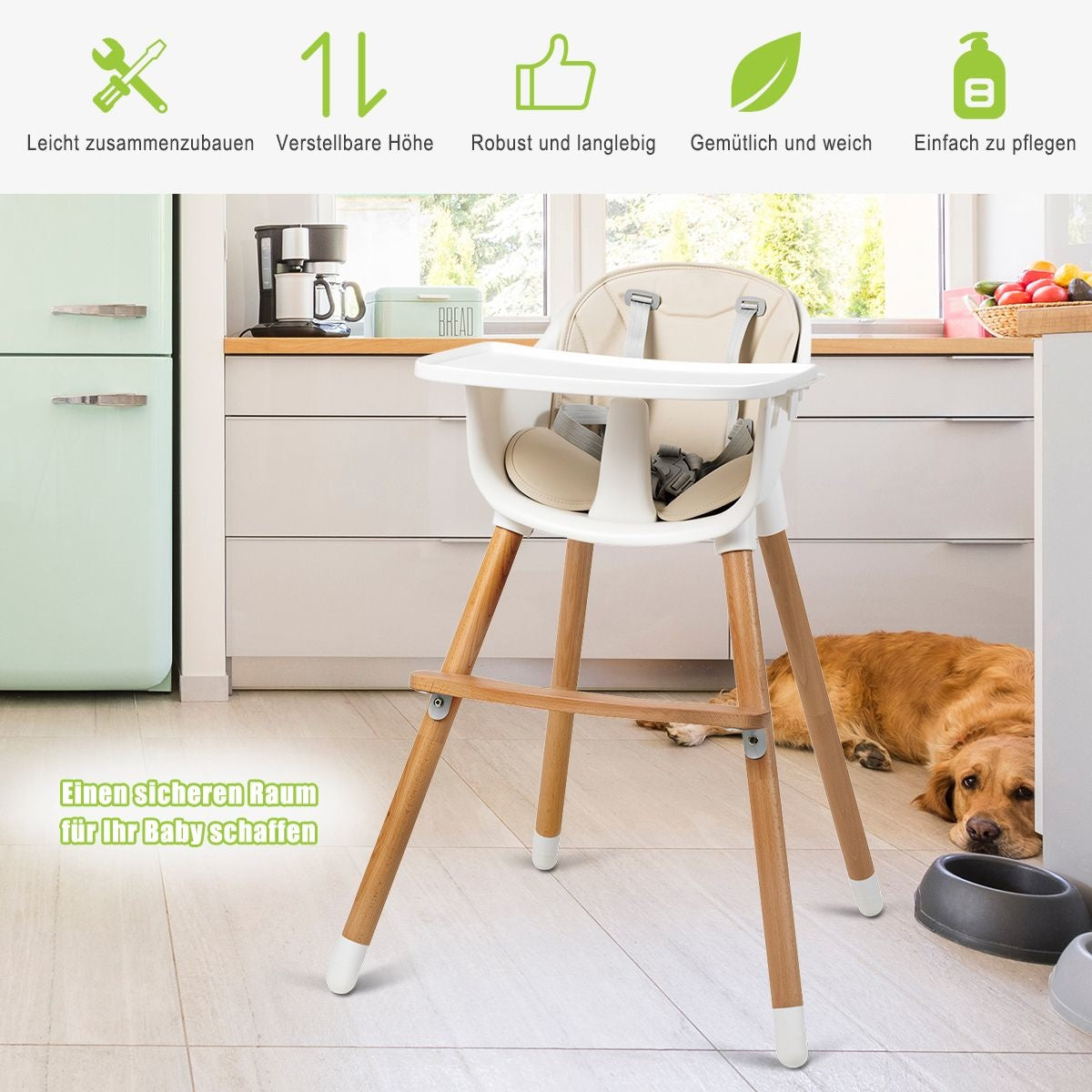 Coast 2-in-1 kinderstoel - hoge kinderstoel - hout - verstelbaar 57 x 57 x 83 cm - crème wit + naturel