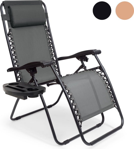 LifeGoods Opvouwbare Tuinstoel – Verstelbaar & Incl. Hoofdkussen – 162 x 64 x 110 cm – Donkergrijs