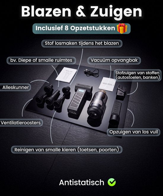Kruimeldief Snoerloos met Air Duster 130.000 RPM - Auto Stofzuiger Draadloos - Kruimelzuiger - Handstofzuiger - Luchtblazer op accu - Perslucht - Turbo Fan