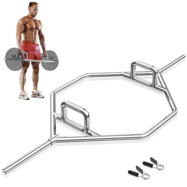 Coast Olympische Zeshoekige Trekstang - Robuuste Halterstang met Platte/Verhoogde Gekartelde Handgrepen - voor Squats/Deadlifts - Zilver