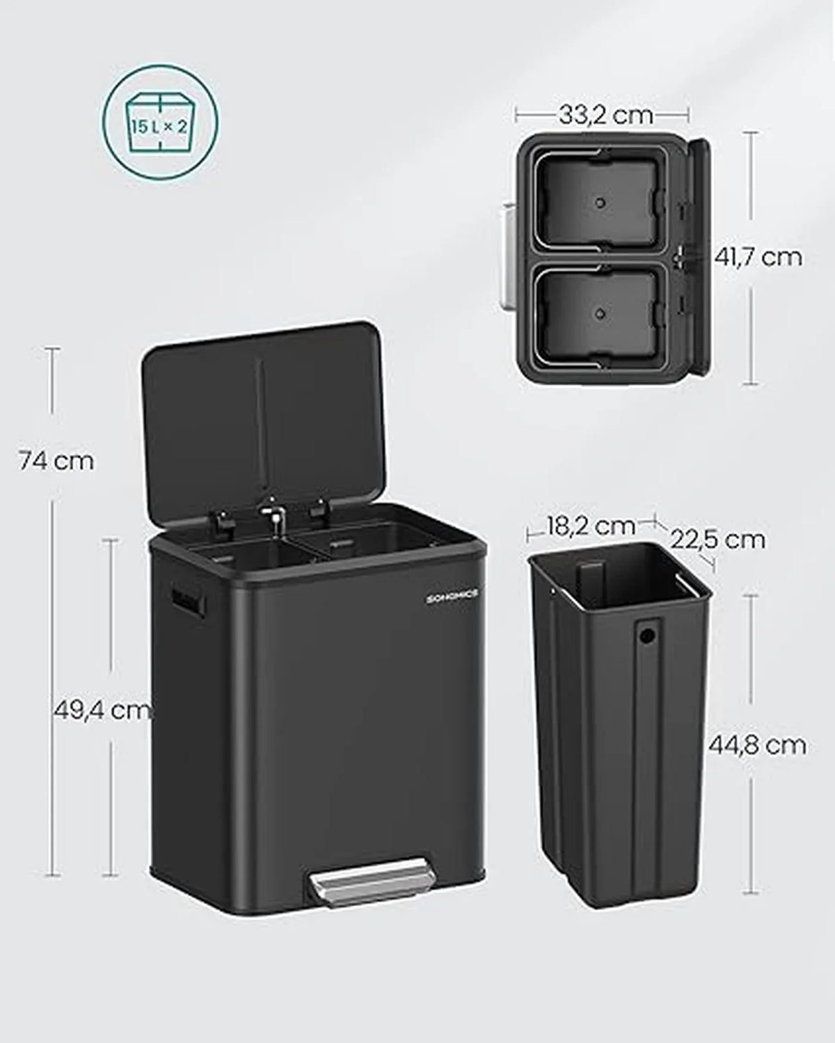 Songmics Keukenafvalscheidingssysteem 30L – 2x15 L Afvalbak – Inktzwart – Staal