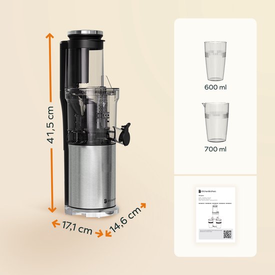 KitchenBrothers Slowjuicer - Sapcentrifuge - Verticaal - Juicer - Groenten en Fruitpers - 80 mm - 750 ml - Grijs