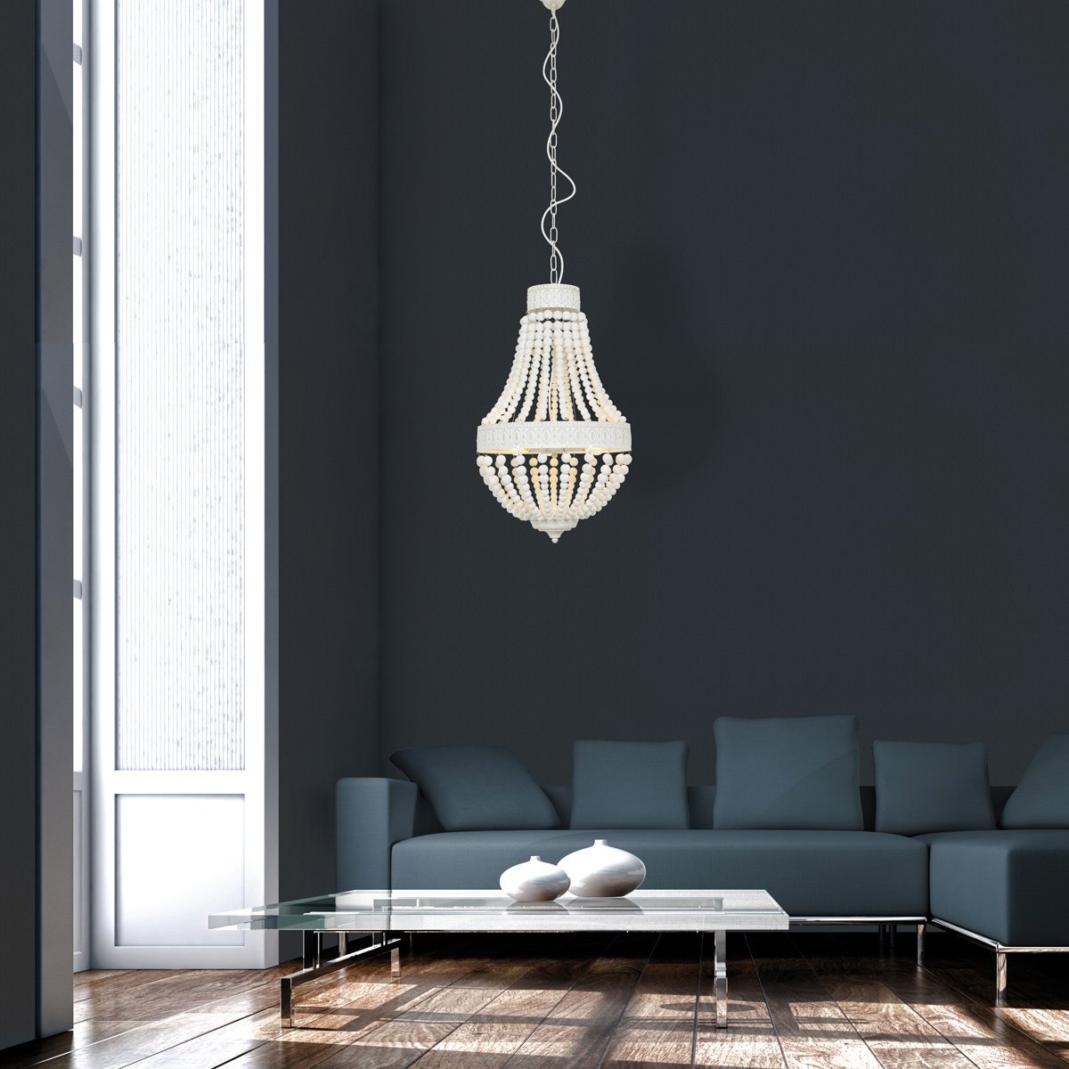 Hanglamp Ella 10191W - Trendy Witte Kralenlamp van Hout en Metaal, Verstelbare Hoogte 70-155 cm - Merk: Mexlite