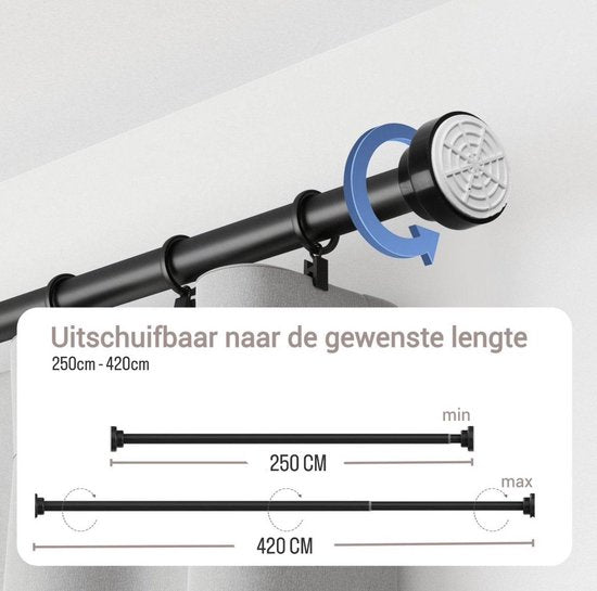 Gordijnroede Zonder Boren - 250 tot 420 cm - Uitschuifbaar Douchegordijnstang - 400 cm - Uitschuifbare Klemstang - Metaal Zwart