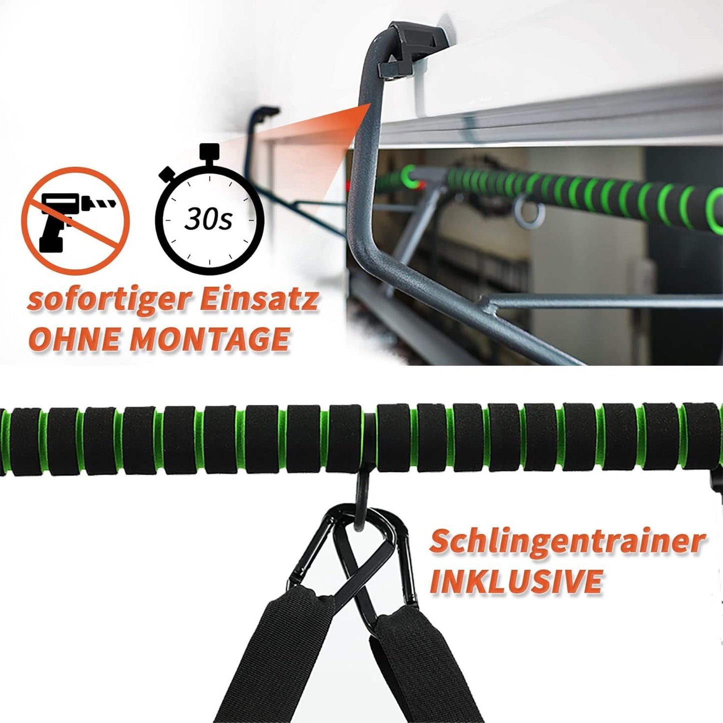 DH FitLife Optrekstang voor Deur - Schroefloze Pull-Up Bar met Slingtrainer - Zwart/Groen - 70-92 cm