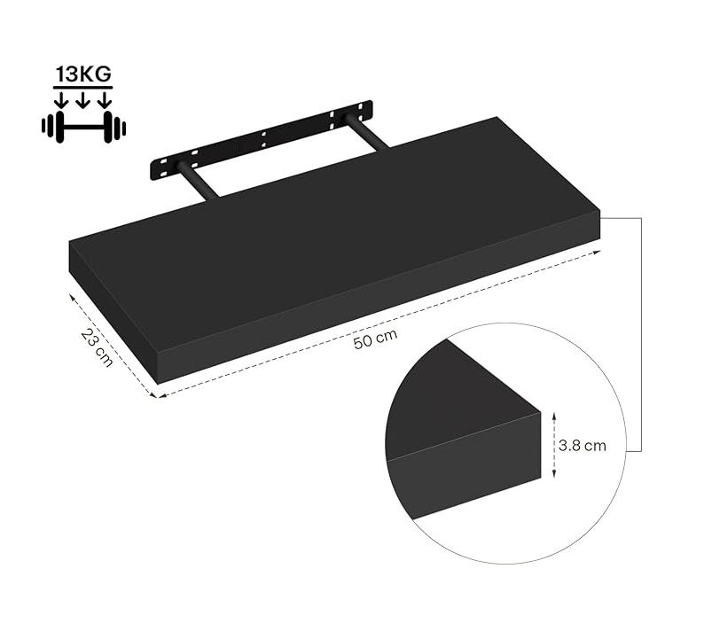 Esituro Wandplank Zwevend 50 cm - Set van 2 - Zwart MDF - Modern