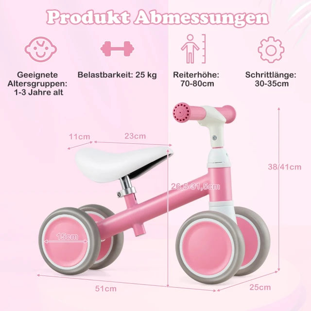 Coast Loopfiets 4 Wielen 51 × 25 × 38/41 cm – Roze – Verstelbare Baby Loopfiets voor Kinderen van 1 tot 3 Jaar