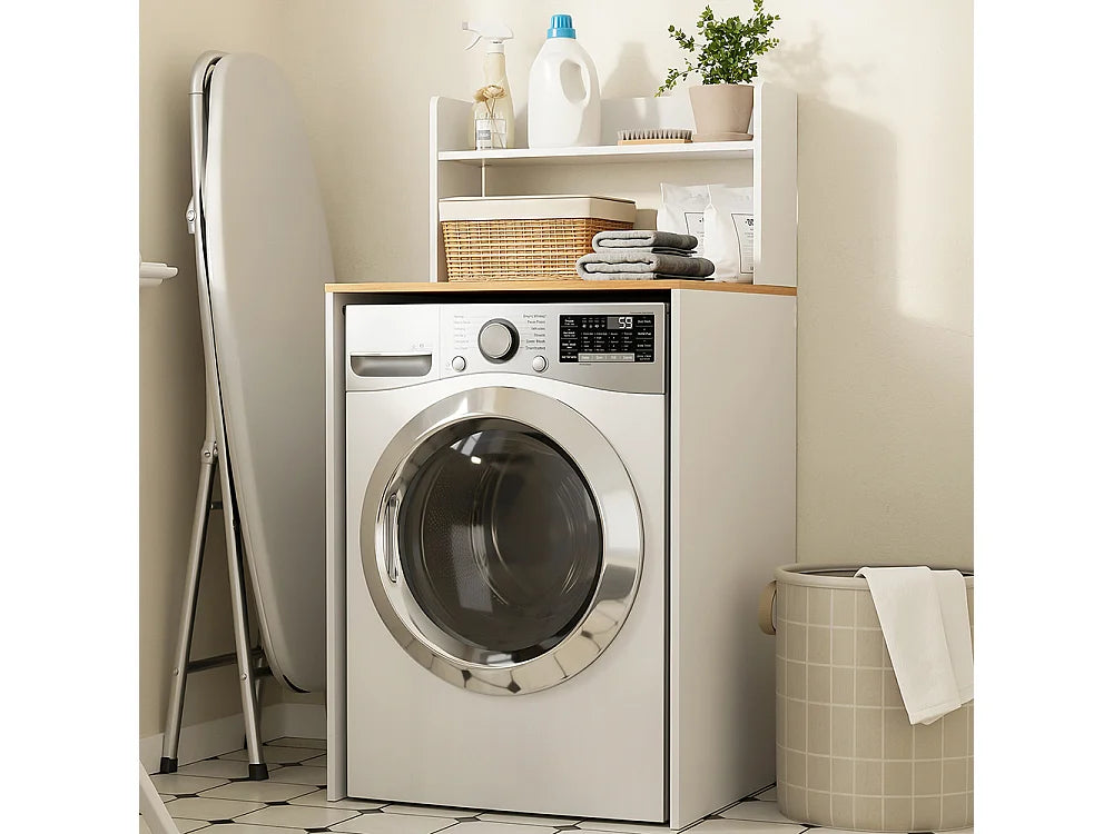 SoBuy Wasmachinekast BZR224-WN - Met Werkblad en Open Plank - 66 x 60 x 126,5 cm - Wit/Licht Eiken