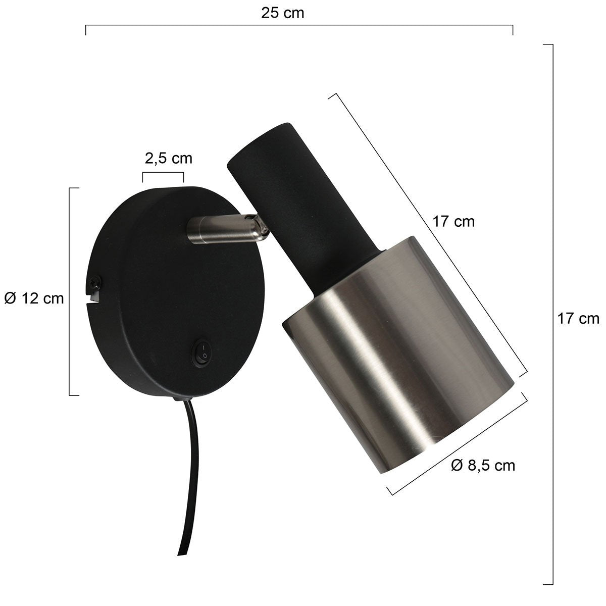 Wandlamp Fjorgard 4848ZW - Zwarte metalen wandlamp met een diameter van 20 cm, draaibaar en kantelbaar, merk Anne Light Home, stoer ontwerp voor binnengebruik